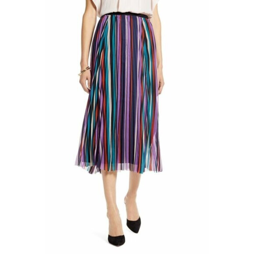 Halogen Striped Pleated Elastic Waist Midi Skirt Pleated Chiffon SZ 1 New